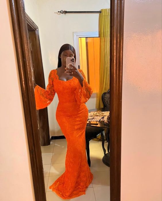 Orange Lace Long Prom Dress, Formal Evening Graduation Dress fg4002