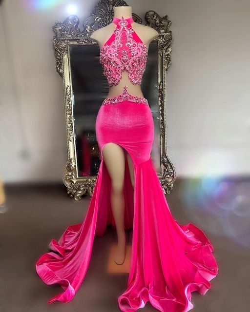 Long Sexy Prom Dresses 2023 African Black Girl Beaded Appliques Top Pink Mermaid Party Prom Gowns With High Slit fg3631