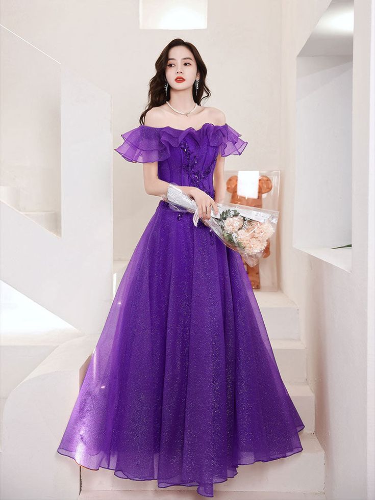 Tulle Off Shoulder Long Prom Dress, Tulle A line Evening Dress fg3999