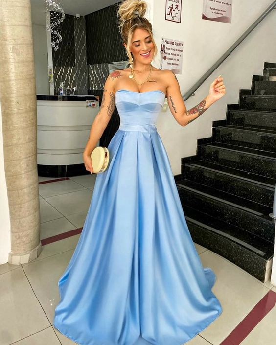 Light Blue Satin A-Line Prom Dresses for Girls Strapless Evening Dresses Long Party Gowns fg4031