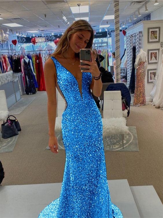 blue long evening dress mermaid prom gown fg4163