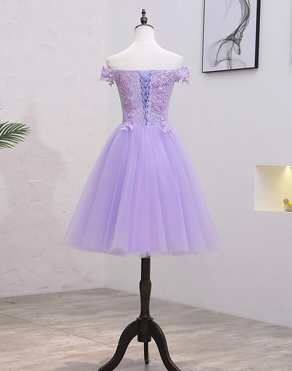 Light Purple Lace And Tulle Off The Shoulder Homecoming Dress, Short Party Dress cg9056