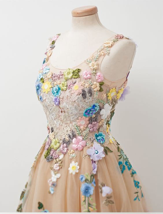 Champagne A-line Sleeveless Tulle Prom Gown With Embroidery,sleeveless Prom Gown With Hand-made Flowers,prom Dress,evening Gown For Teens fg3824