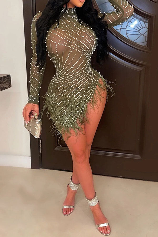 loveedsTM- Rhinestone & Beaded Decor Striking Tassel Irregular See-Through Mini Dress