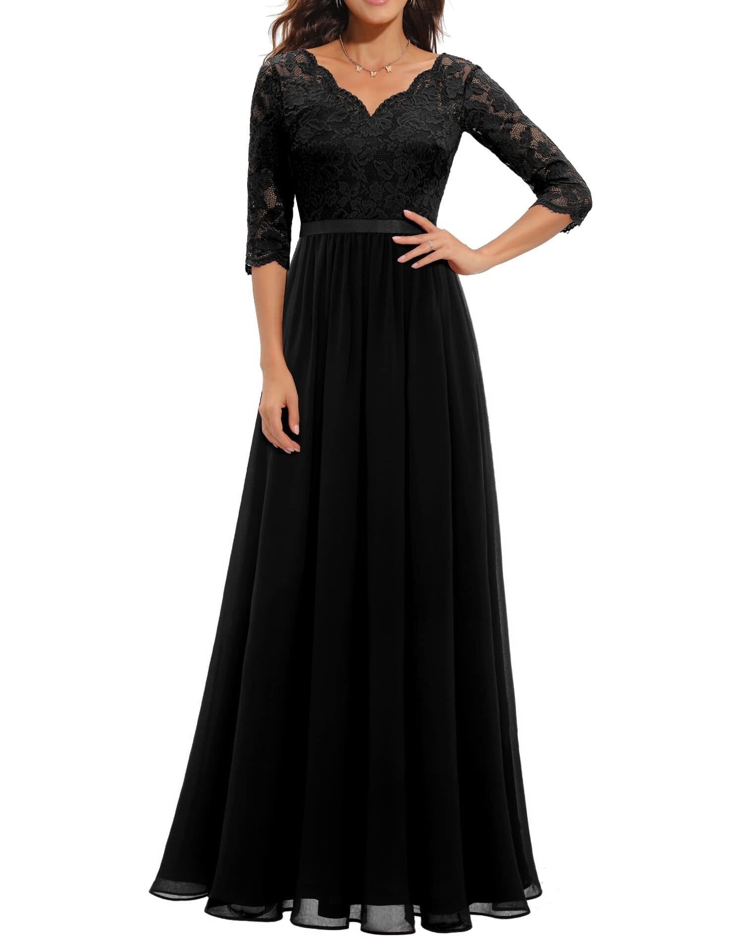 loveedsTM- Women's Elegant Vintage V Neck 3/4 Sleeve Floral Lace Chiffon Wedding Bridesmaid Maxi Dress Long Formal Dresses