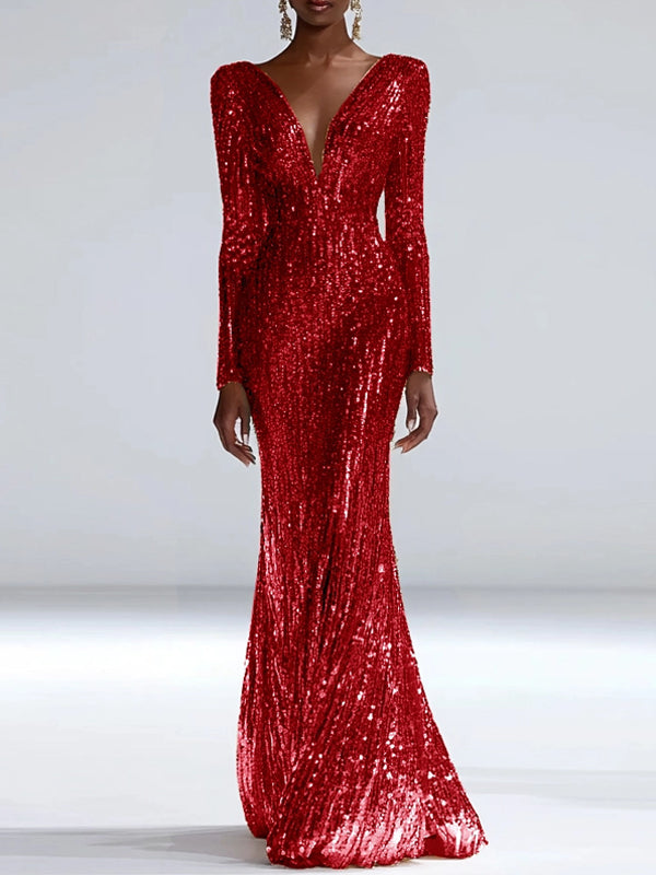 Formal Party Work Wedding V Neck Gradient Blue Gold Sequin Maxi Dress