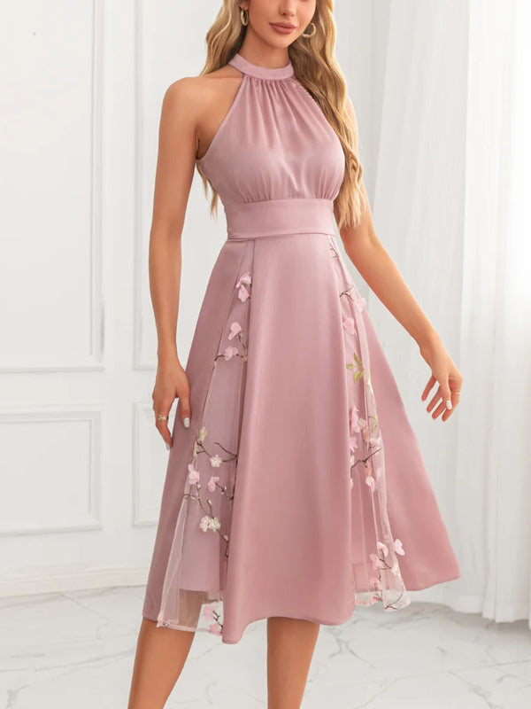 Halter A-line Jacquard Satin Midi Dress