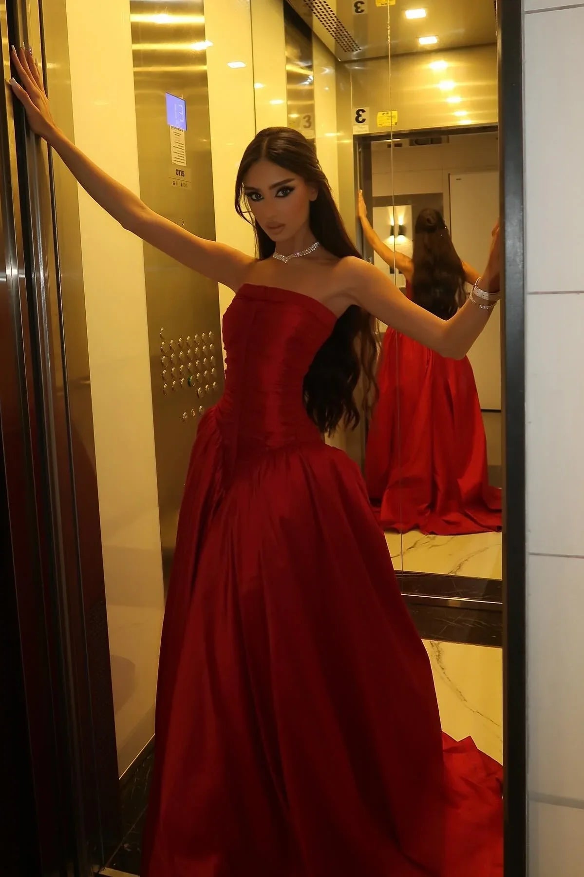 Charming A Line Strapless Red Satin Long Prom Dress Evening Dress SH2080