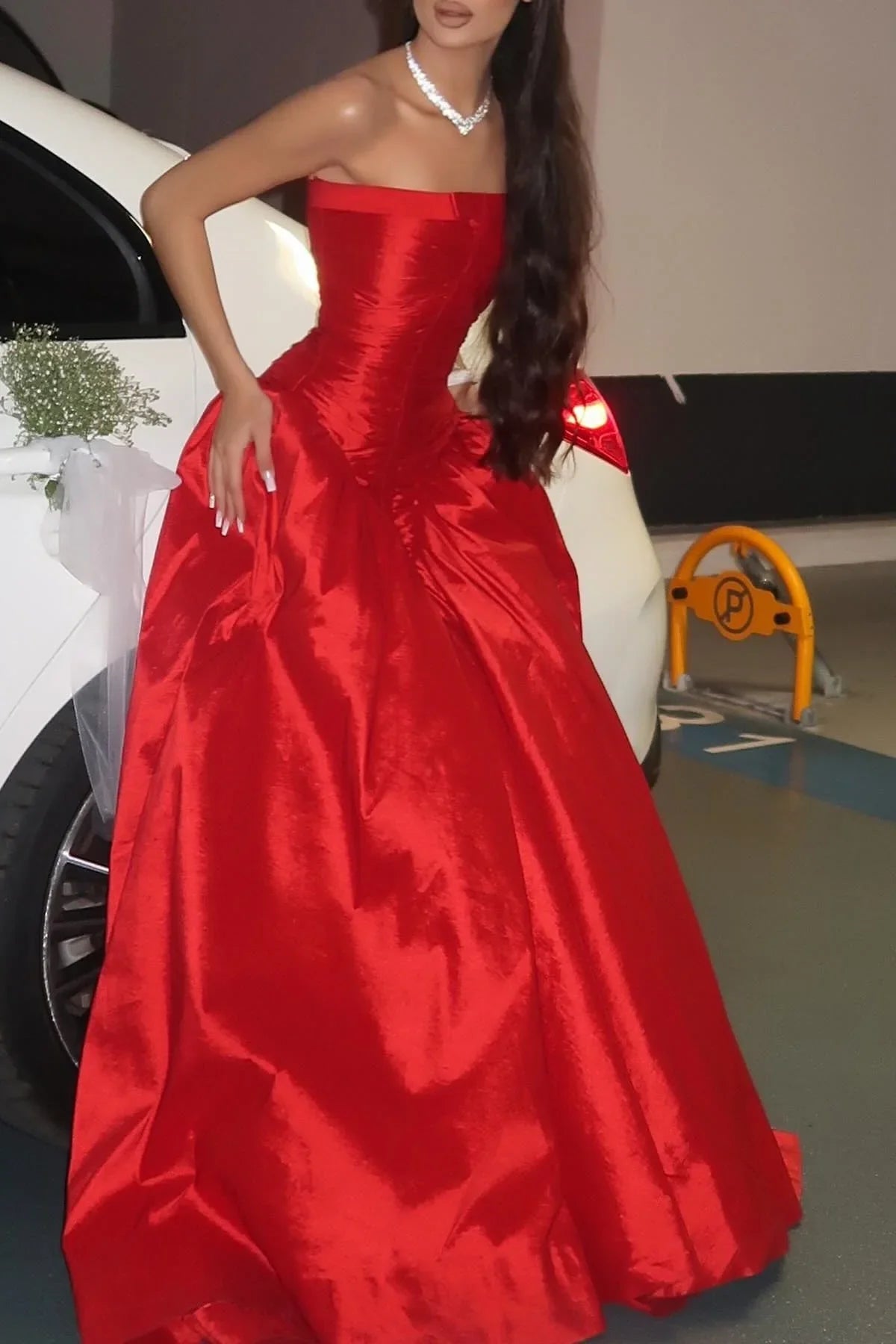 Charming A Line Strapless Red Satin Long Prom Dress Evening Dress SH2080