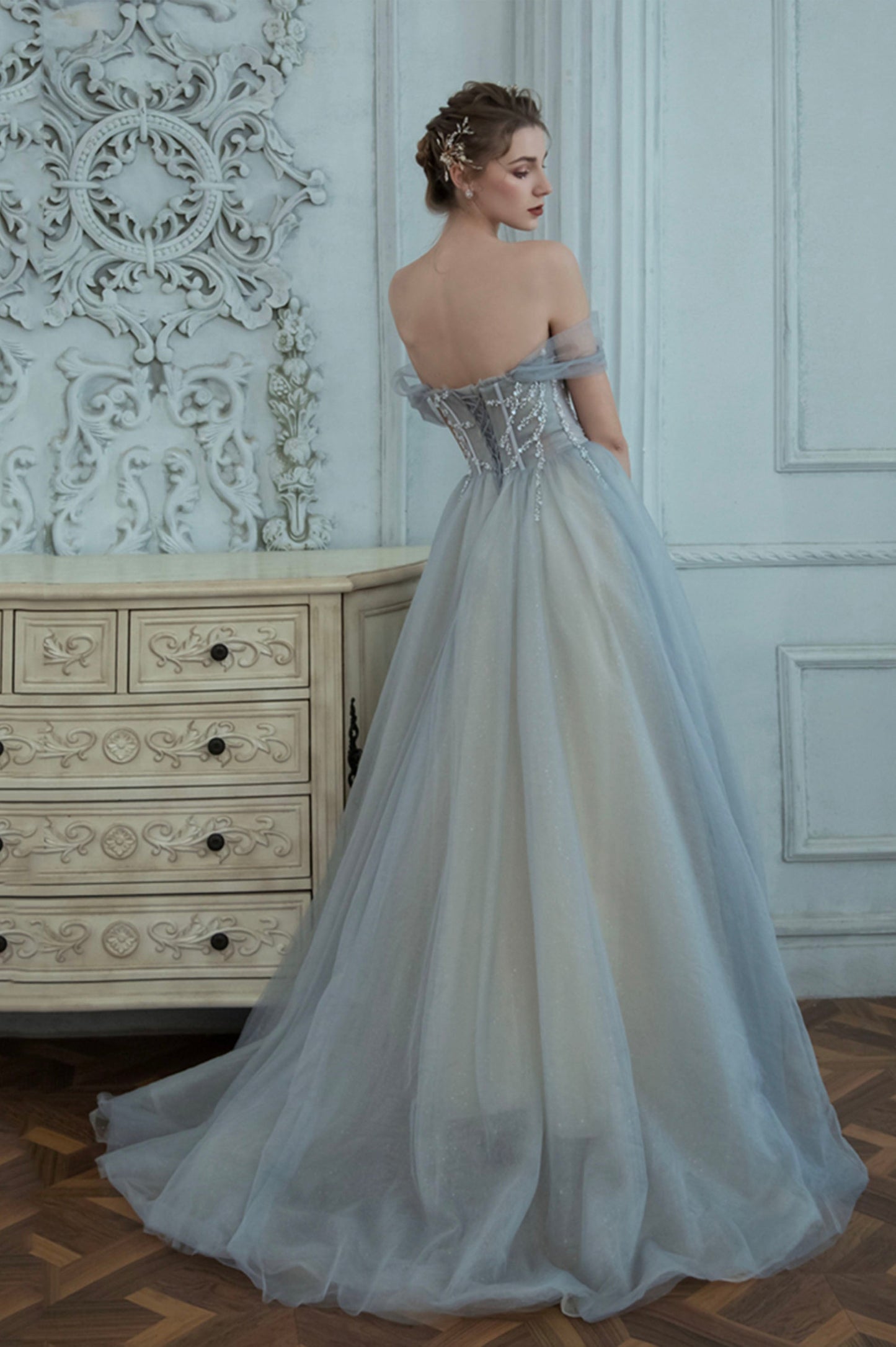 Off the Shoulder Tulle Long Prom Dress, Gray A-Line Evening Dress with Beaded
