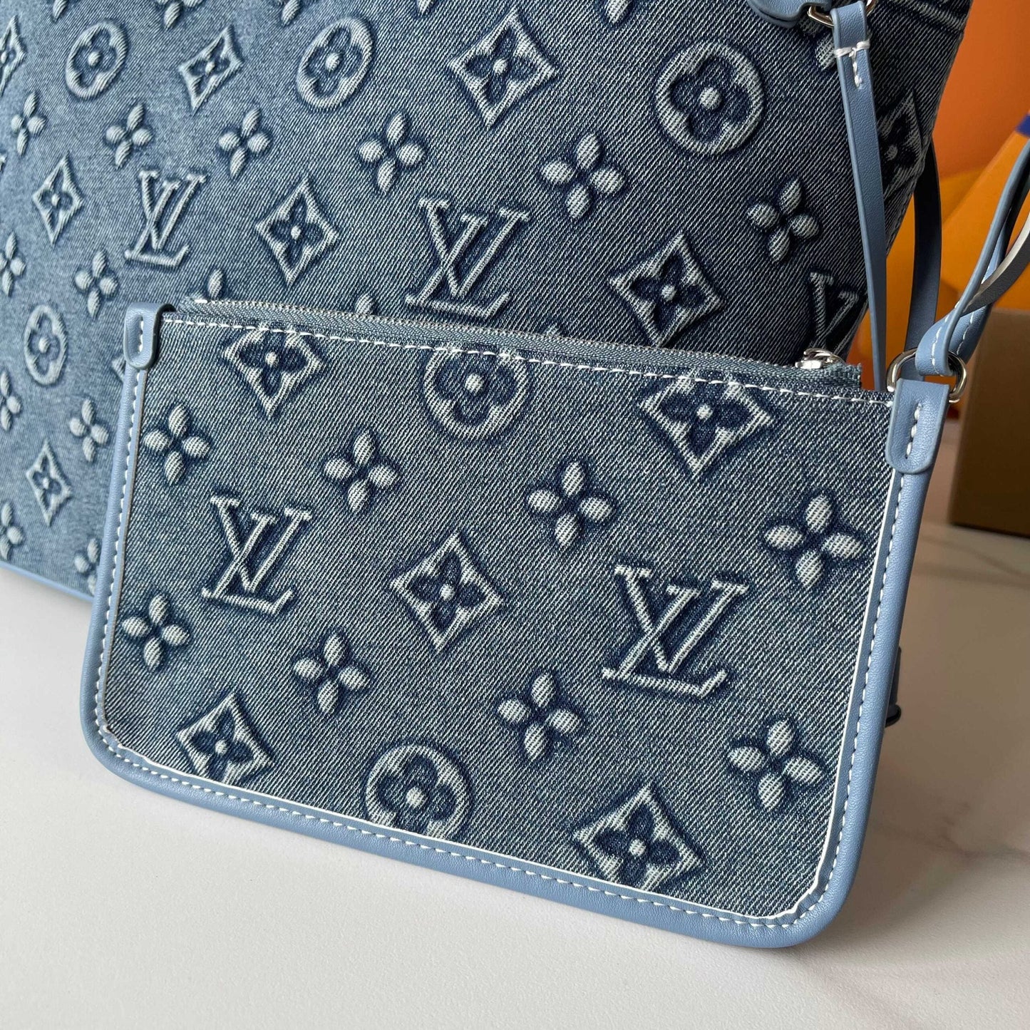 LOUIS VUITTON NEVERFULL MM BAG MONOGRAM DENIM BLUE 32CM