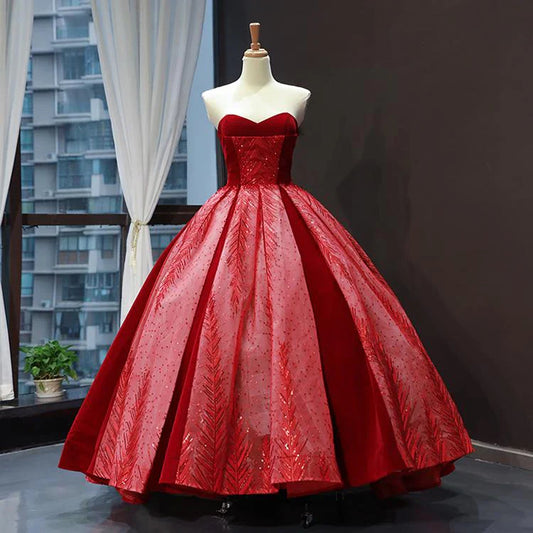 Red A Line Strapless Appliques Sequin Tulle Prom Dresses SH1610