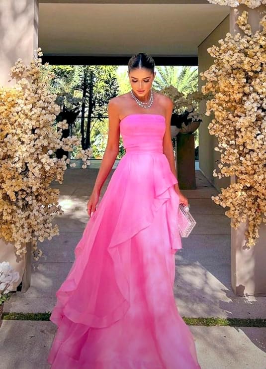 Light pink A-line off-shoulder long ruffled elegant tulle ball gown evening dress gh2684