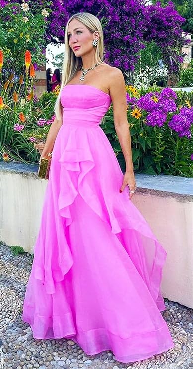 Light pink A-line off-shoulder long ruffled elegant tulle ball gown evening dress gh2684