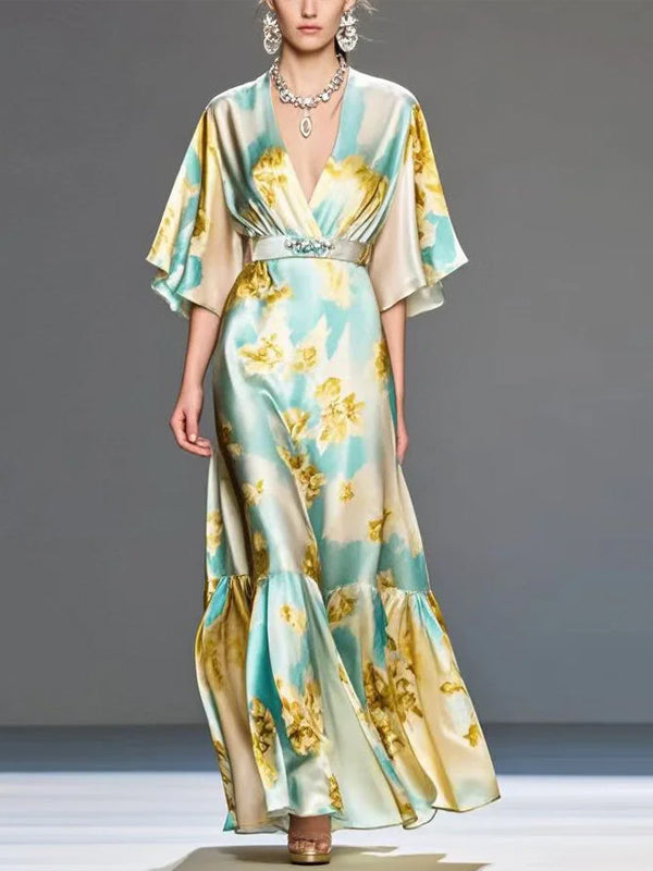 V-neck Silk Print Maxi Dress