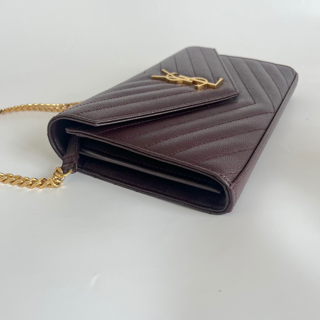 Saint Laurent burgundy Cassandre Chain Wallet in Matelassé Leather