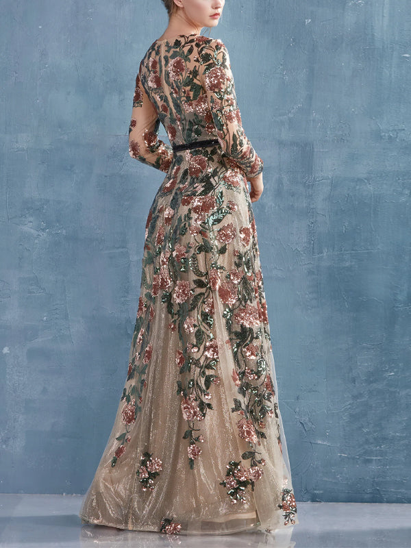 Lace Long Sleeve Printed Maxi Dresses