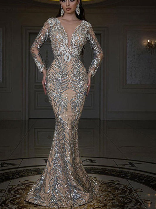 loveedsTM-Women Luxury Gilding Sequins Long Dresses V-Neck Long Sleeve Bodycon Fishtail Maxi Dress Summer Lady Elegant Party Evening Dress