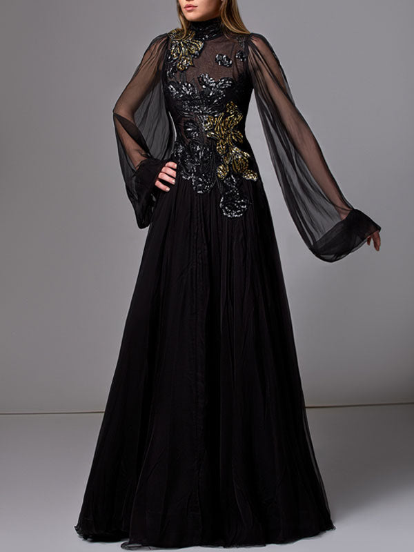 Sequined Long-sleeved Tulle Gown