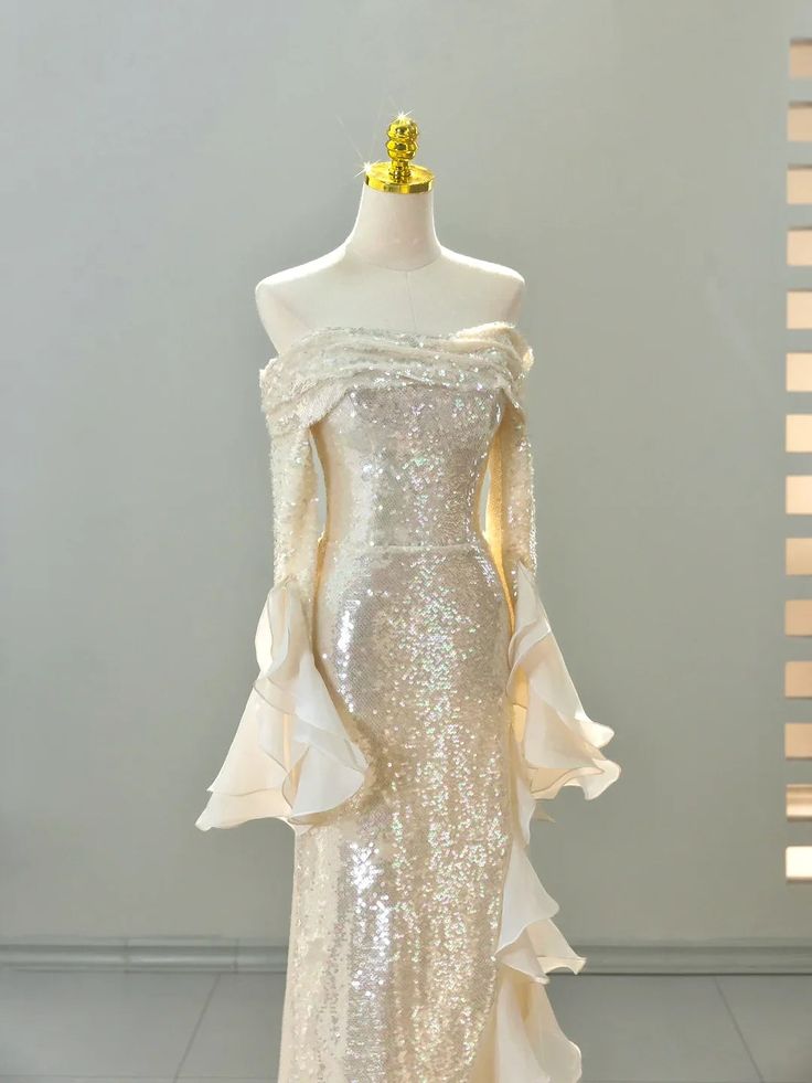 Elegant Sheath Long Sleeve Ivory Chiffon Ruffle Sequin Prom Dress Graduation Prom Dress SH2582