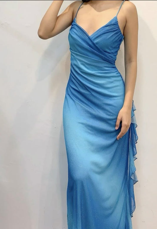 Blue Fashion Gradient Shiny Elegant Spaghetti Strap Long Chiffon Ruffle Ball Gown Evening Dress Wedding Guest Party Dress Prom Dress gh3766