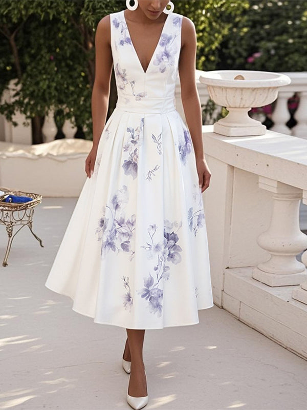 White Floral Classic V Neck Sleeveless A-Line Midi Dress