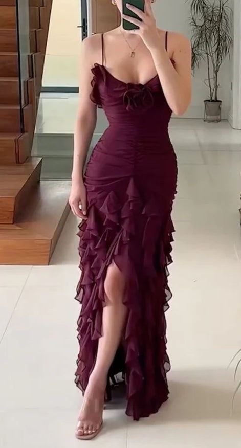 Purple Elegant Sexy Spaghetti Strap Ankle Length Chiffon Ruffle prom Evening Dress Party Dress gh3320