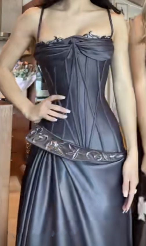 Purple vintage fashion spaghetti strap long satin prom dress, evening dress, party dress gh3525