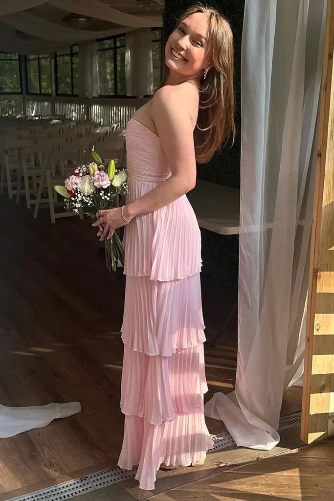 Cream Yellow/Light Pink/Green Fashion Elegant Strapless Long Chiffon Layered Ball Gown Evening Dress Wedding Bridesmaid Party Dress Prom Dress gh3657