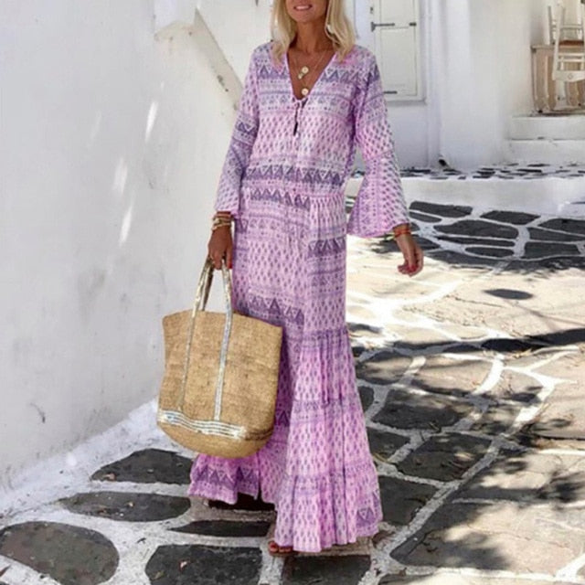 loveedsTM-Women Vintage Geometric Print Long Party Dress Elegant Flare Sleeve Long Beach Dress Sexy Spring Summer V Neck Maxi Dresses