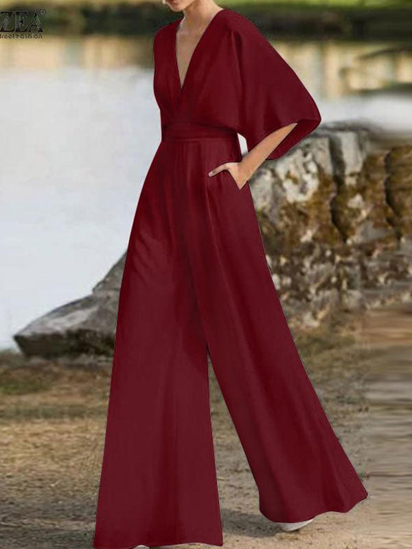 Elegant V Neck Office Lady Plus Size Women‘s Jumpsuit