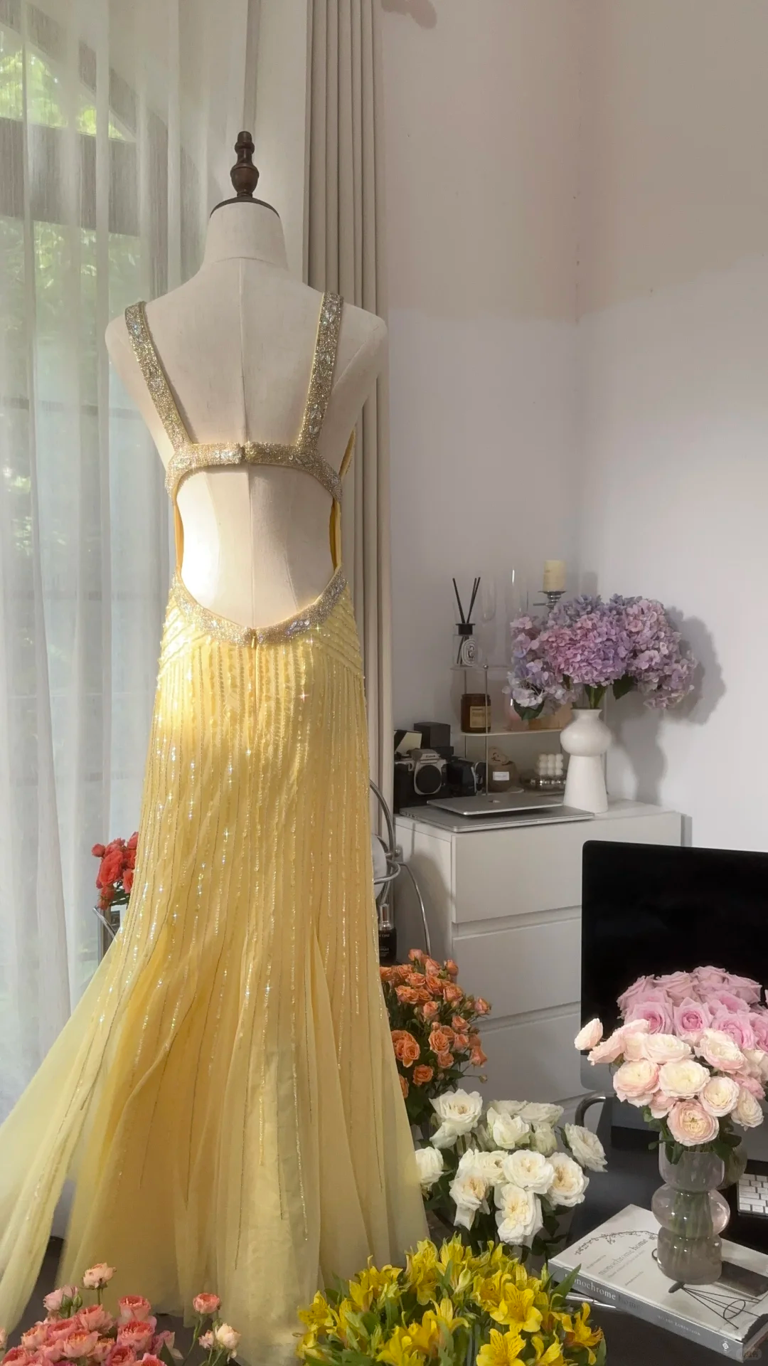 Light Yellow Gorgeous Shiny Fashion Elegant Exquisite Beaded Long Tulle Backless Fairy Ball Gown Evening Dress Birthday/Wedding Guest/Holiday Party Dress Prom Dress Valentine's Day Date Dress gh4034