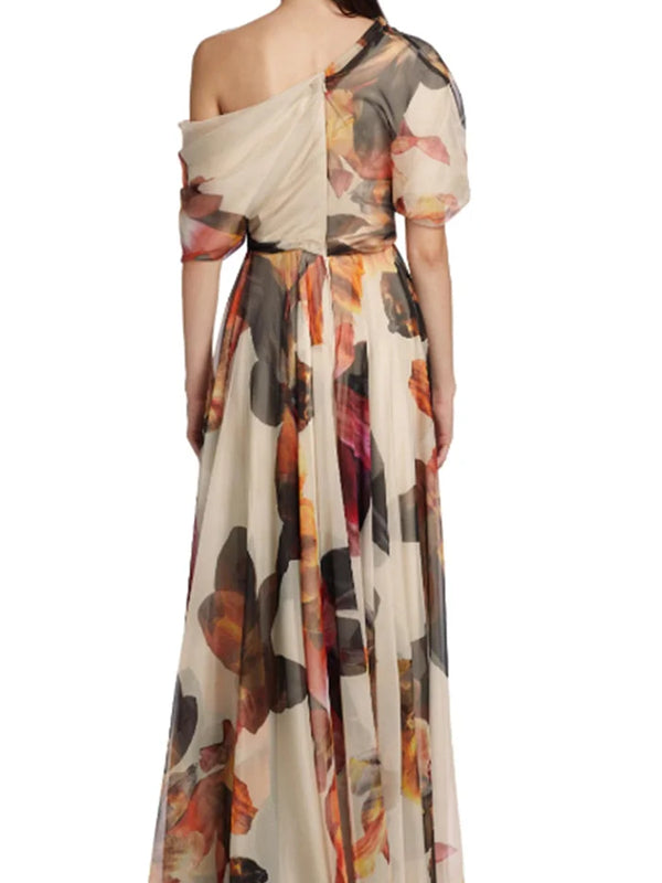 French Asymmetrical Print Chiffon Maxi Dresses Summer