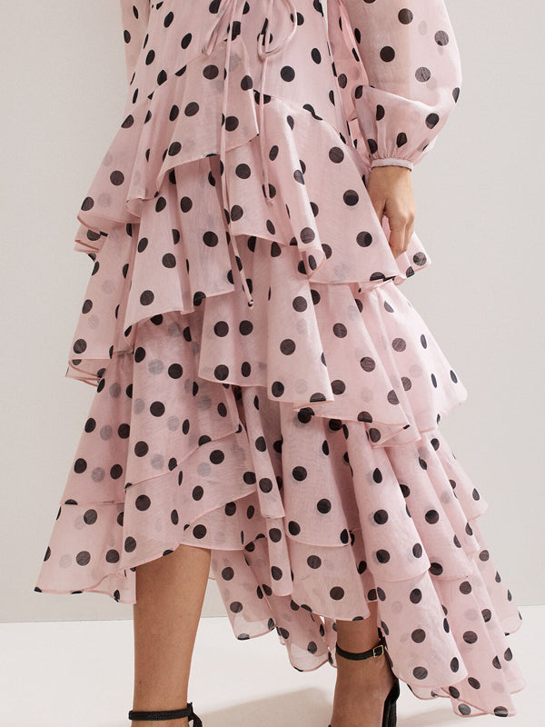 Tie-up Layered Chiffon Polka Dots Women's Dress