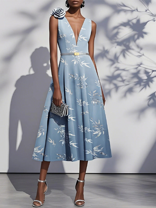 V-neck Sleeveless Printed Midi Dress