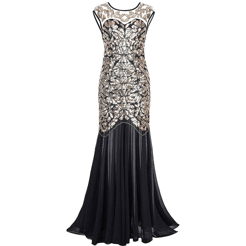 loveedsTM-Vestidos Vintage Mujer Sequins Beading Long Evening Dresses Formal Round Neck Lace Long Sexy Women Party Special Occasion