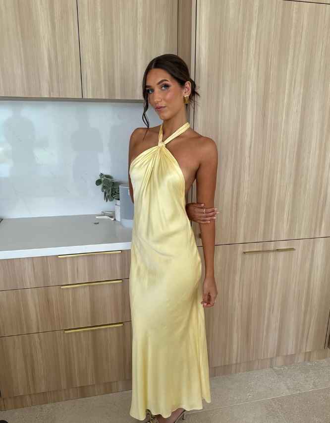 Simple A Line Halter Yellow Satin Open Back Long Prom Dress Evening Dress SH2503
