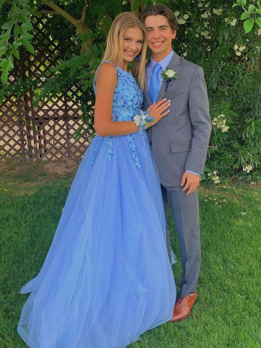 Blue one shoulder tulle long prom dress blue evening dresses