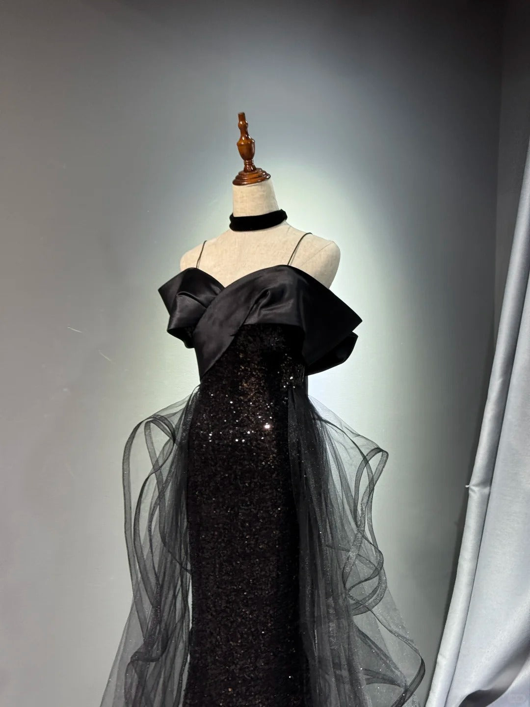 preppydressess -Black shiny elegant long sequined tulle Prom dress evening gown graduation dress gh5107