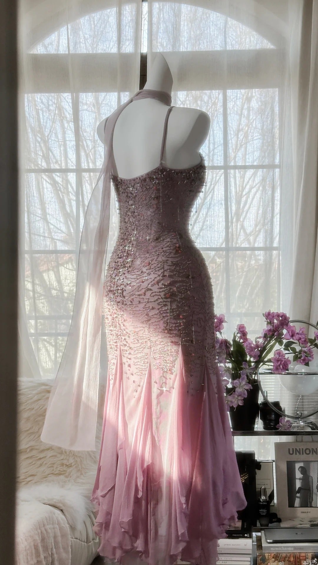 Pink Purple Elegant Romantic Exquisite Beaded Long Chiffon Ball Gown Evening Dress Birthday/Wedding Guest/Holiday Party Dress Prom Dress gh4021