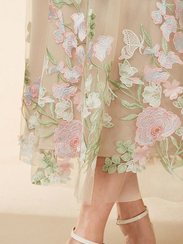 Sleeveless Embroidered Floral Dress