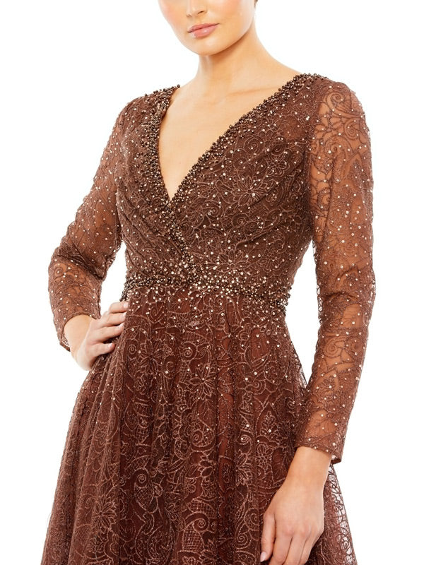 Embellished Illusion Long Sleeve V-Neck Dress