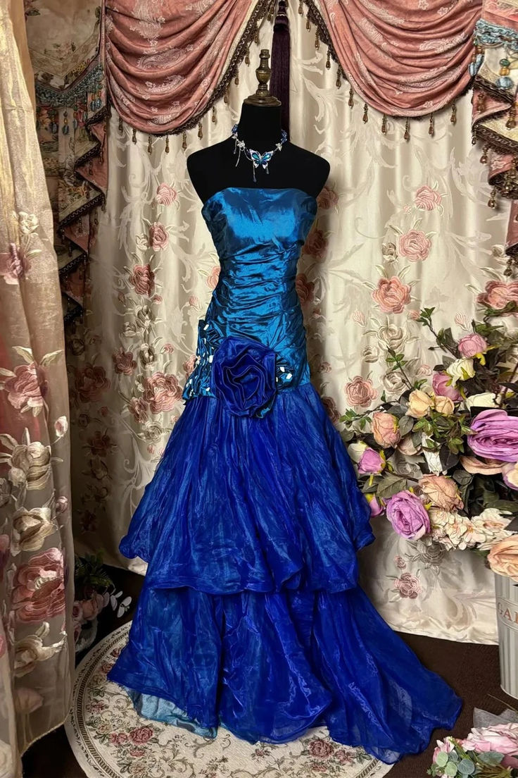 Blue floral long satin A-line ball gown evening dress gh4756