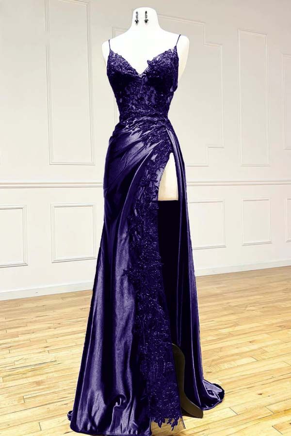 Black fashion classy sexy V-neck exquisite lace spaghetti straps side slits long satin prom dress evening dress party dress gh2611