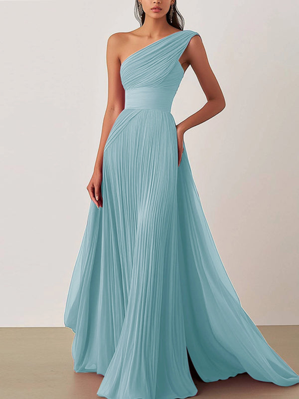 Prom Formal Pleated Dress Rose Color One-Shoulder Floor-Length Dress
