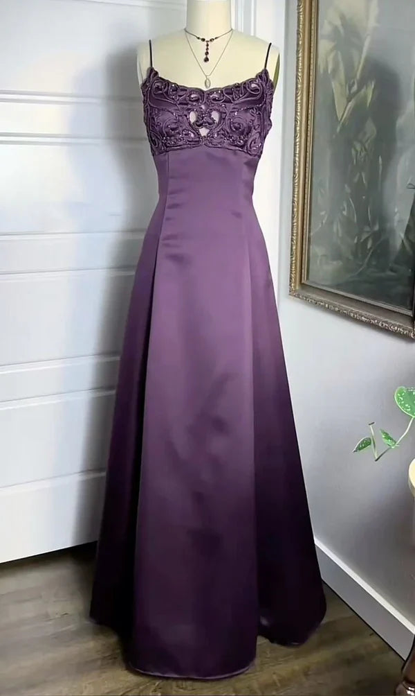 Purple Vintage Fashion Elegant Exquisite Beaded Long Spaghetti Strap Satin prom dress Evening Dress Party Dress gh3676