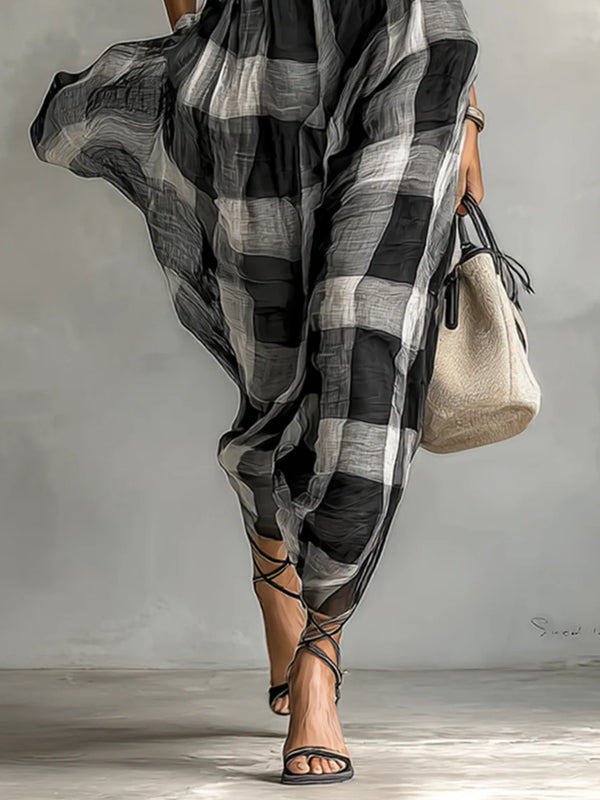 High Neck Plaid Belt Waist Women's Dress