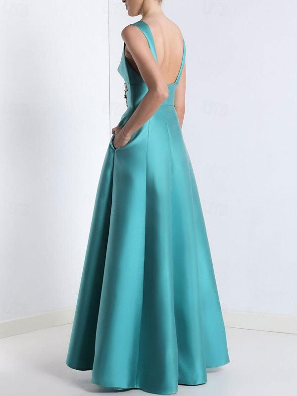 Sleeveless V-neck with Satin Pockets Women's Gown