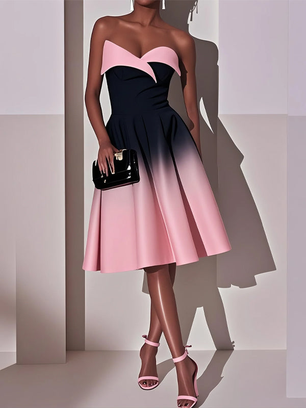 Pink Ombre Classic Strapless Sleeveless A-Line Midi Dress