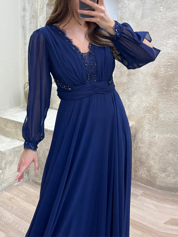 V-neck Long Sleeve Solid Color Maxi Dress